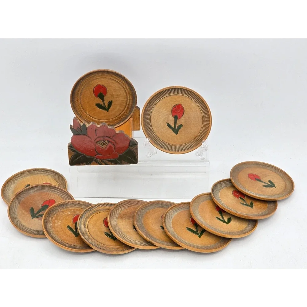 Vtg 12 Coaster Set with Holder Occupied Japan‎ Wood With Carved Flower Bud